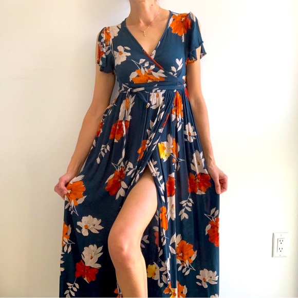 Patrons of Peace Dresses & Skirts - Patrons of Peace teal blue floral maxi faux wrap dress, size S